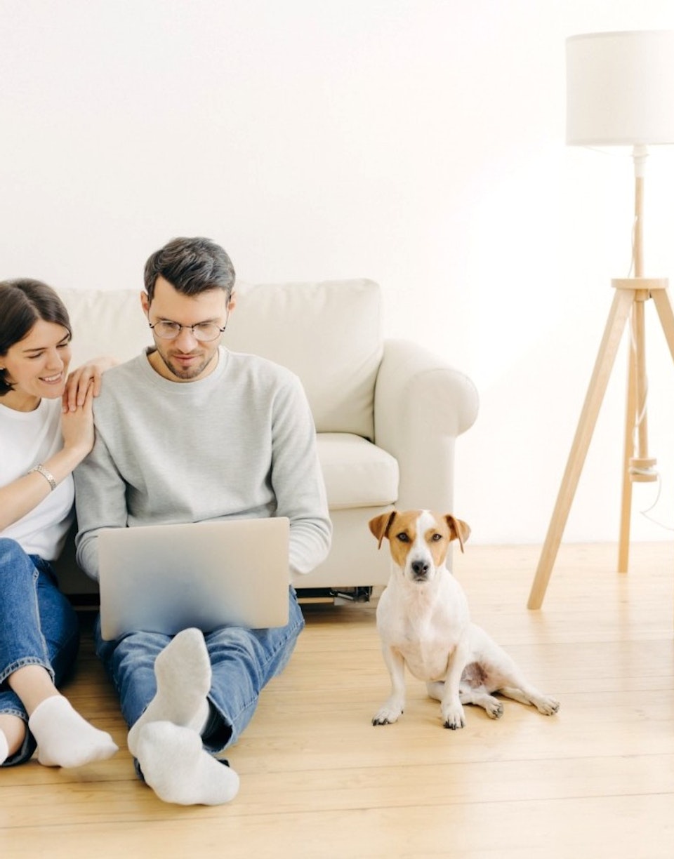 pareja de jóvenes mirando portátil