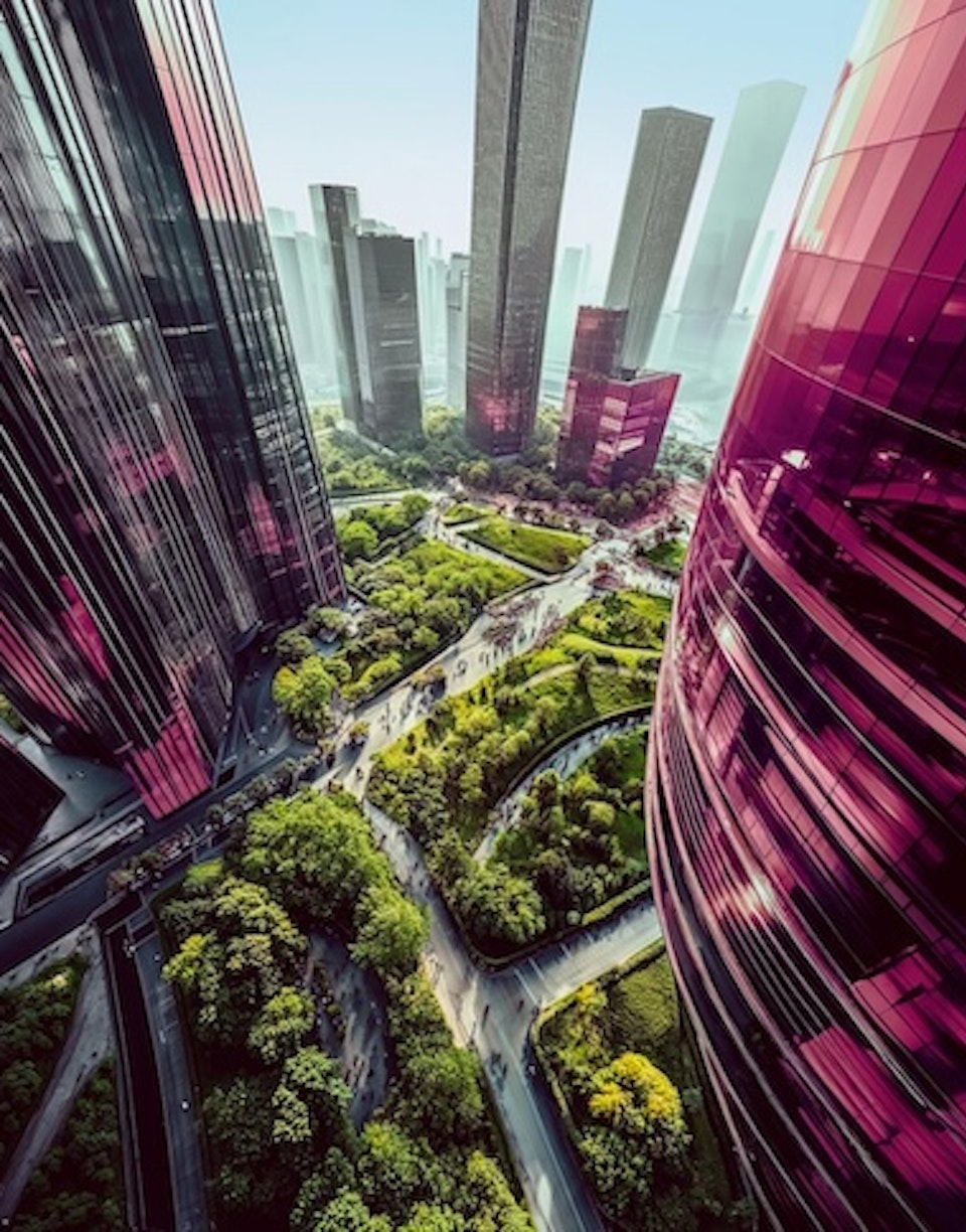 Ciudad futurista con vegetación estilo Minsait