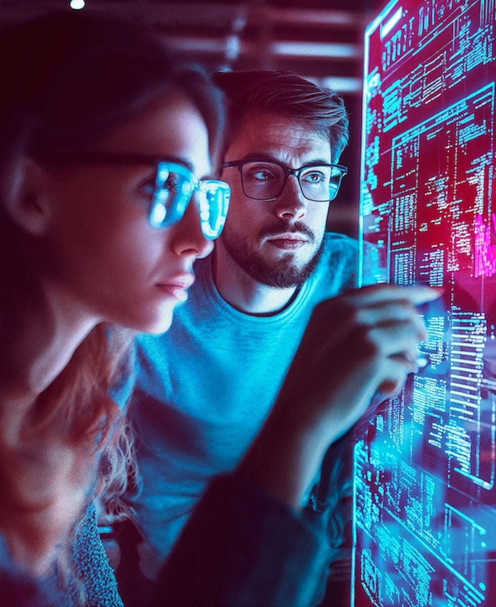 Dos personas consultando una pantalla