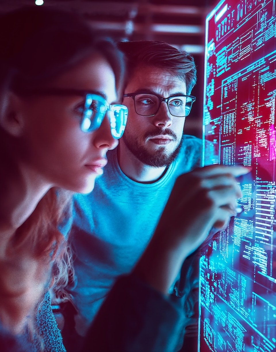 Dos personas consultando una pantalla