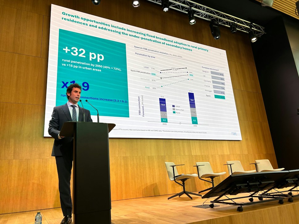 Hugo Peire of Onivia presents the #WholesaleSpain 2026 report, with a slide on fiber growth opportunities in rural areas and second homes